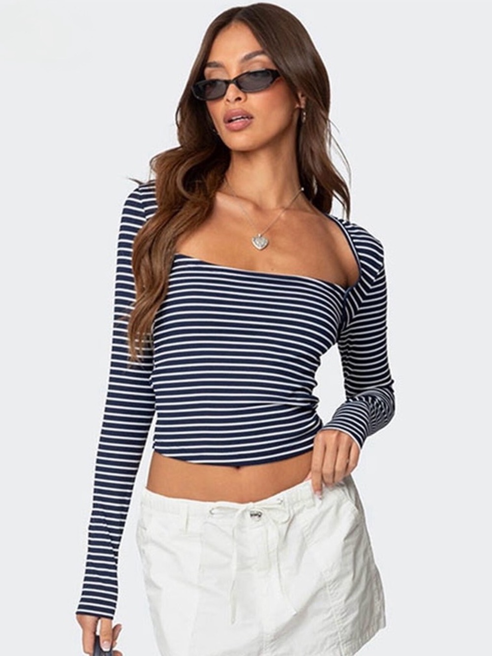 Edikted Navy & White Striped Square-Neck Long Sleeve Top